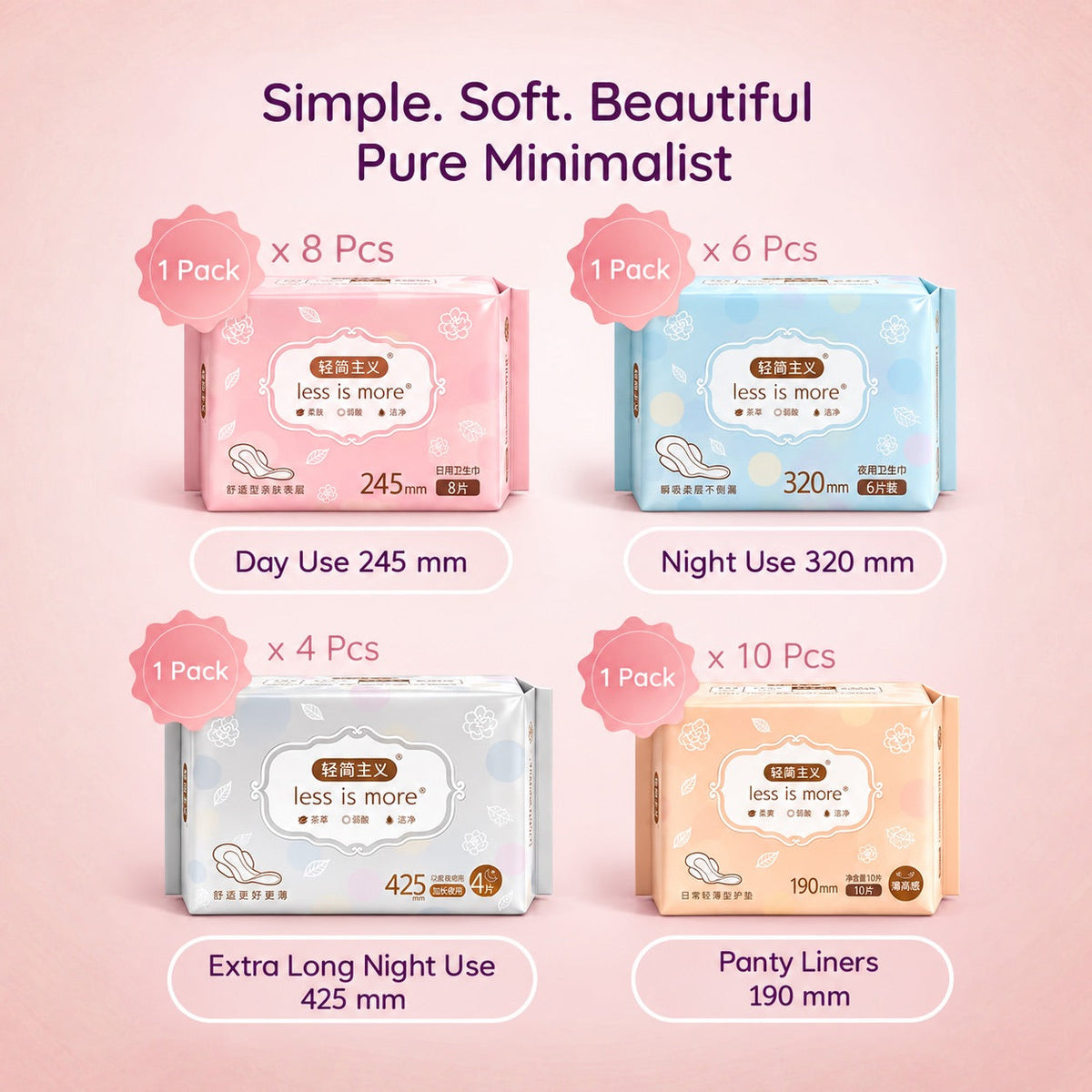 Minimalist period care range with day pads, night pads, extra long heavy flow pads and panty liners