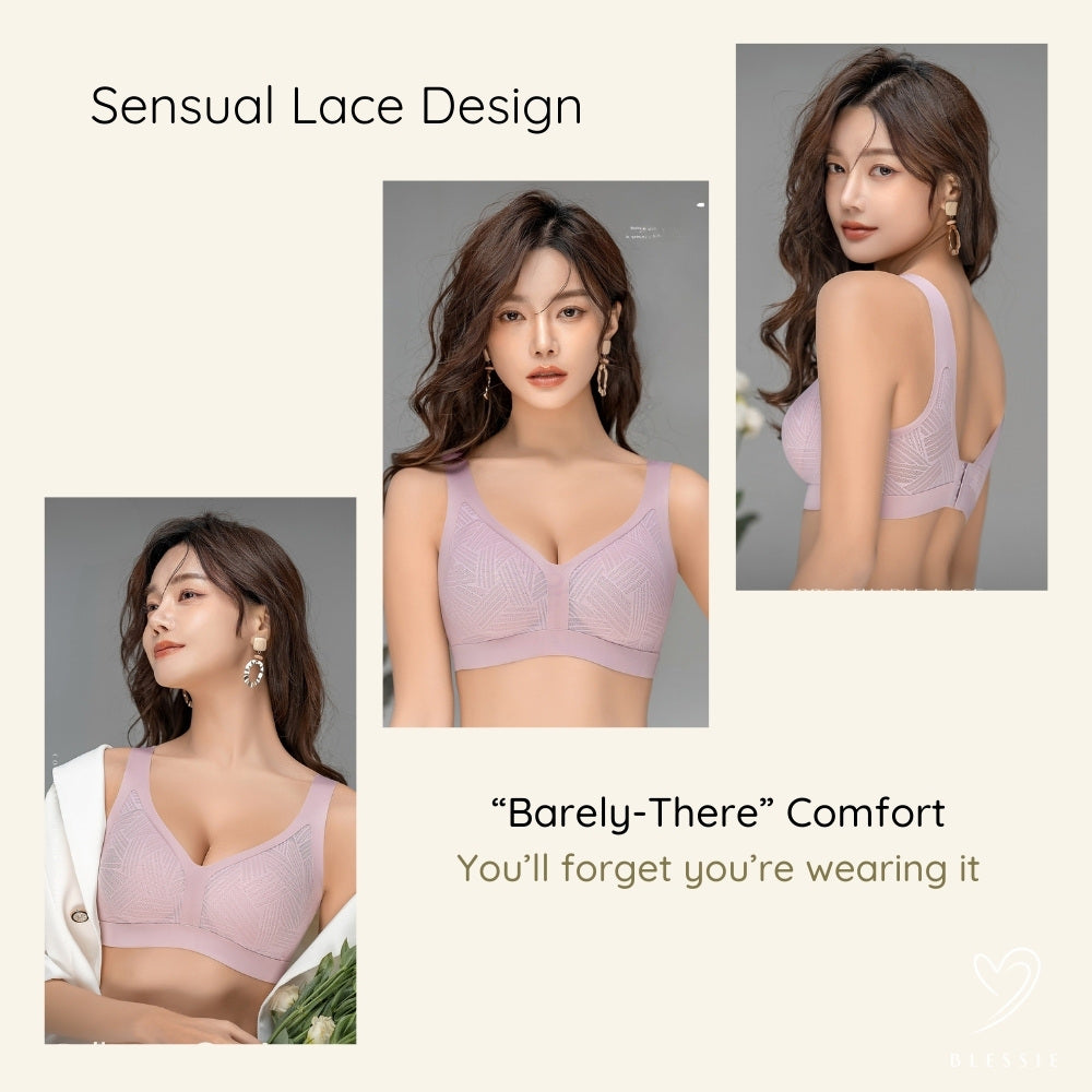 Collage of a woman modelling the lilac Lace-Illusion Soft Mesh Wireless Bra from front, side and back, highlighting seamless support and comfort.
