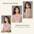 Collage of a woman modelling the lilac Lace-Illusion Soft Mesh Wireless Bra from front, side and back, highlighting seamless support and comfort.