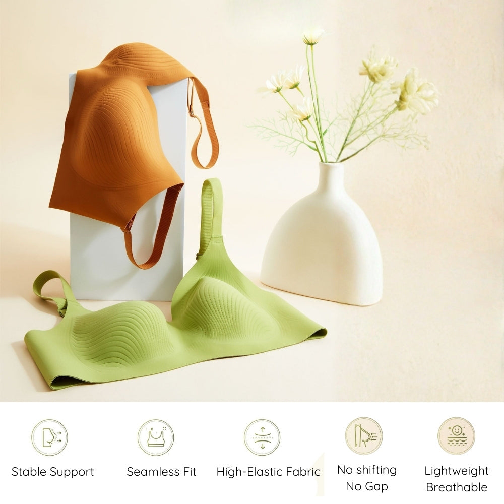 Green and caramel color Air-Fit Wavy Moulded Wireless Bra with a vase of flowers in the background.