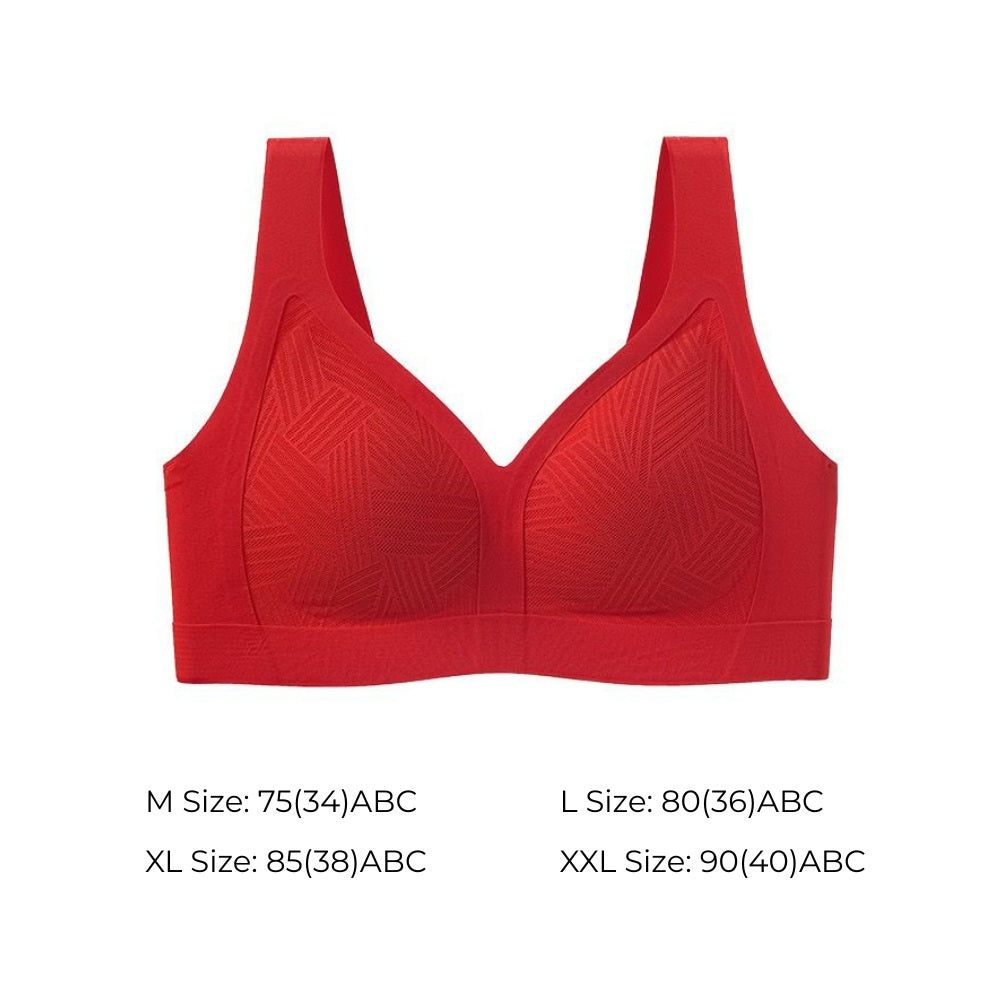 Lucky Red Lace-Illusion Soft Mesh Wireless Bra with size guide for M to XXL and A, B or C cup compatibility.