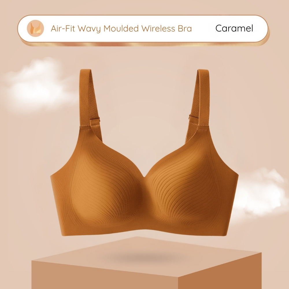 Caramel Air-Fit Wavy Moulded Wireless Bra with smooth cups, adjustable straps and wire-free support. Minimiser for Big Bust. 