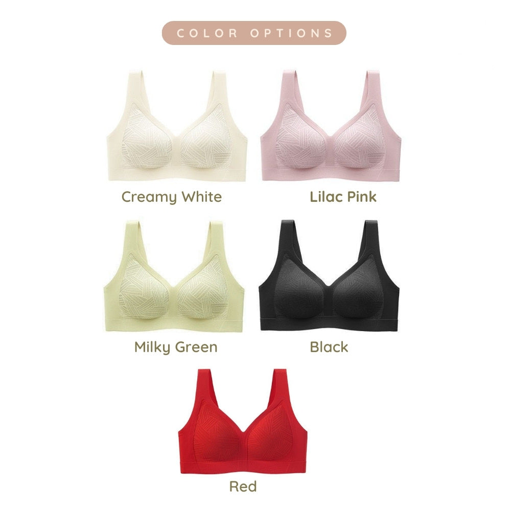 Lace-Illusion Soft Mesh Wireless Bra available in creamy white, lilac pink, milky green, black and red.