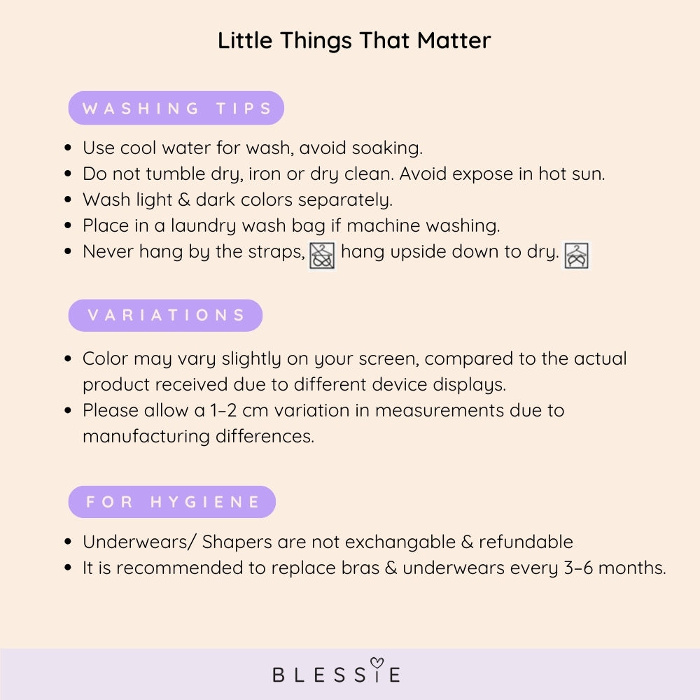 Washing, care and hygiene instructions for the Lace-Illusion Soft Mesh Wireless Bra.
