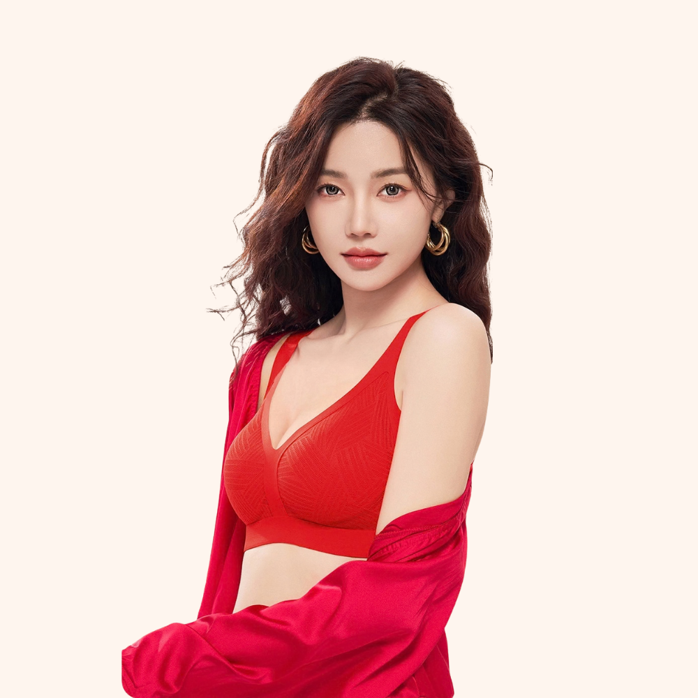 Woman wearing the red Lace-Illusion Soft Mesh Wireless Bra with wide straps and wire-free support.