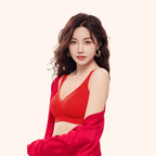 Woman wearing the red Lace-Illusion Soft Mesh Wireless Bra with wide straps and wire-free support.
