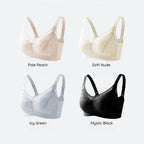 Four Angel Lace Minimiser Shaping Bra in different colors (Pale peach, soft nude, icy green, mystic black) on a light gray background