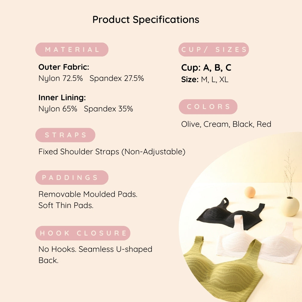 BareComfort Wireless Lounge Bra product specifications showing material, sizes, colours, straps, padding and hook-free design