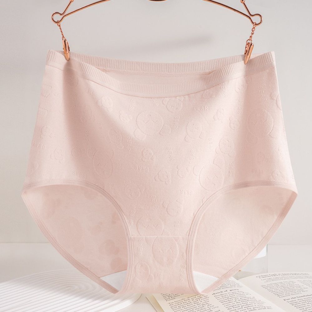 Embossed Bear High Waist Briefs in peach pink color, women's underwear hanging on a hanger