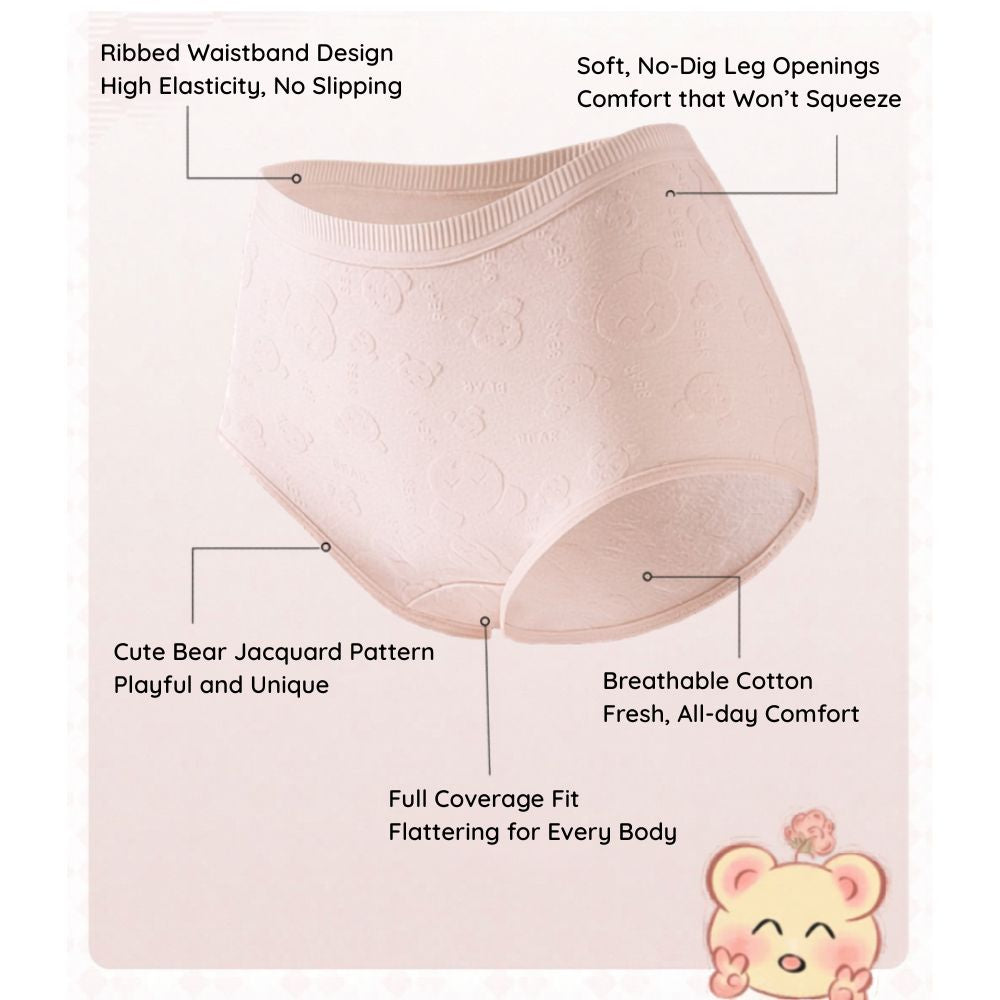 Embossed Bear High Waist Brief-  Extended Size Pure Cotton Antibacterial