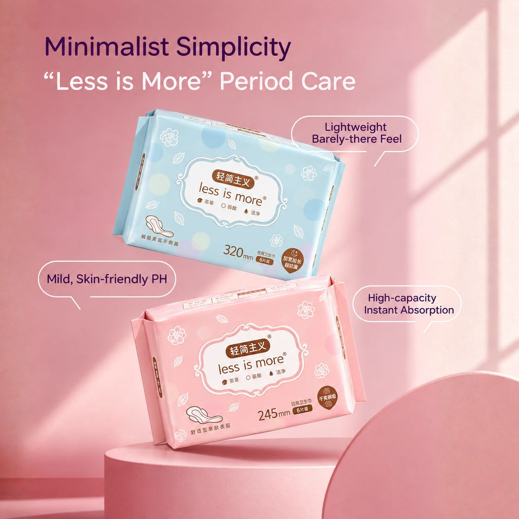Minimalist period pads featuring lightweight feel, skin-friendly pH and high-capacity instant absorption for day and night use