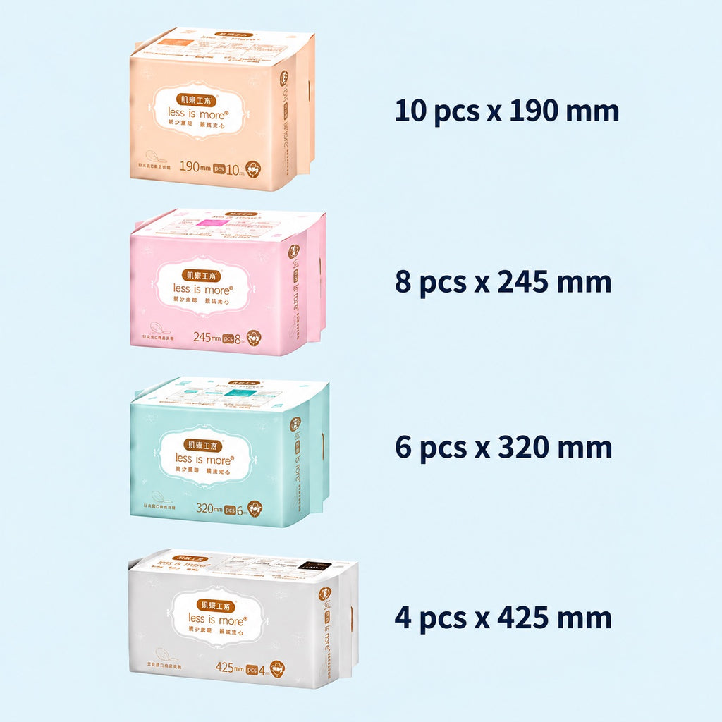 Minimalist sanitary pad range with 190mm, 245mm, 320mm and 425mm period care sizes and pack quantities