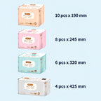 Minimalist sanitary pad range with 190mm, 245mm, 320mm and 425mm period care sizes and pack quantities