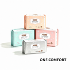 Minimalist sanitary pad range with 190mm, 245mm, 320mm and 425mm period care sizes and pack quantities, packaging in displayed in peach, pink, blue and grey color