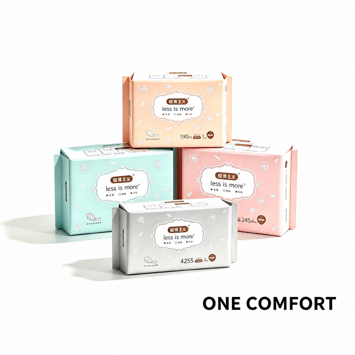 Minimalist sanitary pad range with 190mm, 245mm, 320mm and 425mm period care sizes and pack quantities, packaging in displayed in peach, pink, blue and grey color