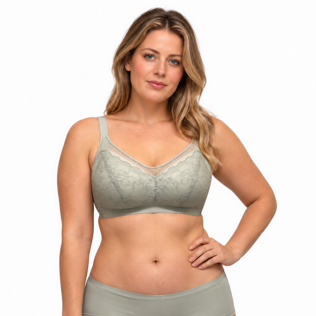 AUstralian women wearing Angel Lace Minimiser Shaping Bra wit Hands on the waist